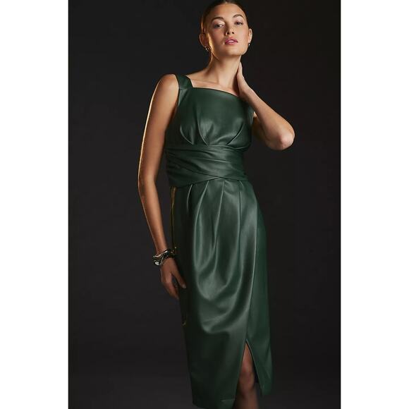 New Anthropologie Twist-Front Faux Leather Midi Dress $170 SIZE 6 Green - Picture 4 of 5